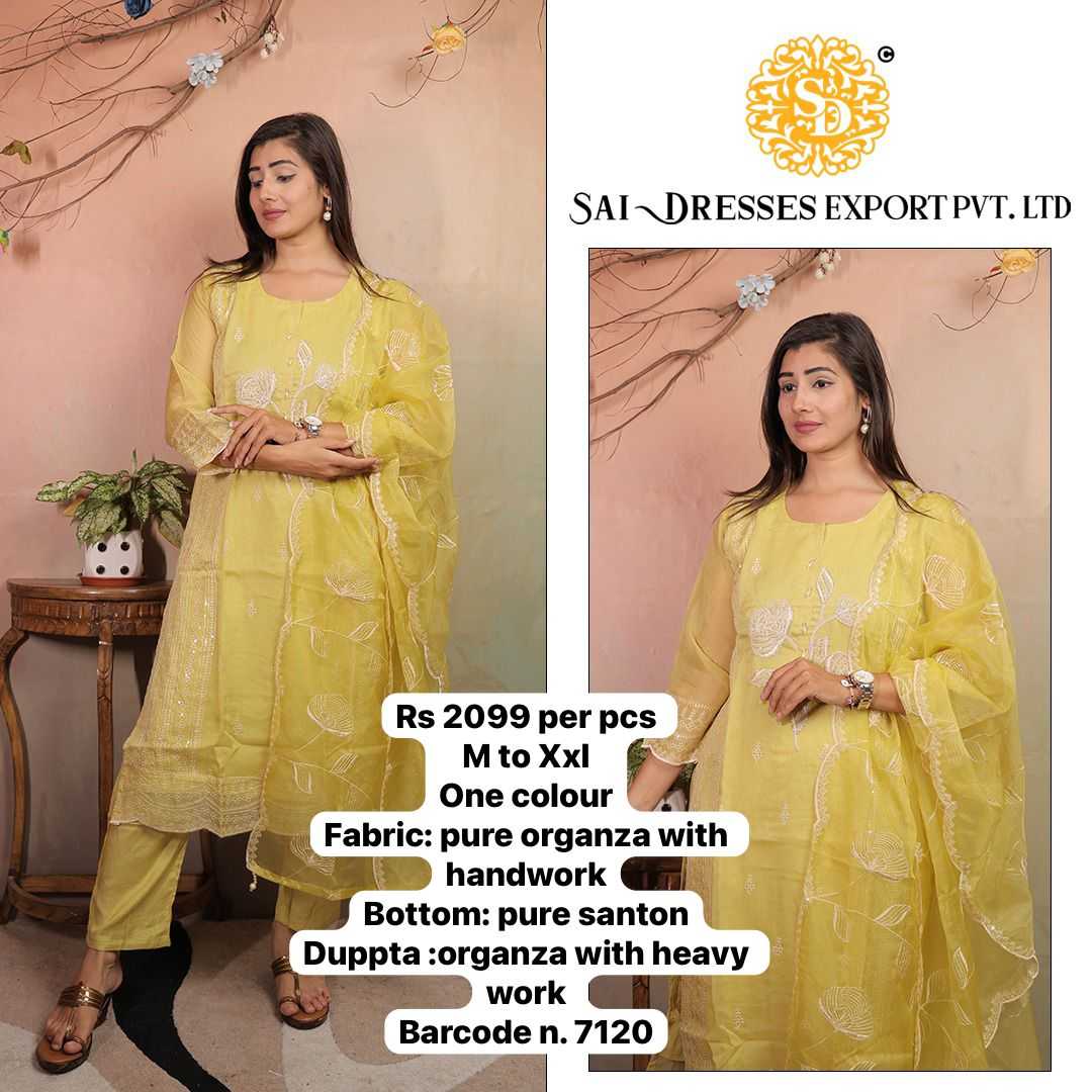  SAI DRESSES PRESENT D.NO 7120-A READY TO FESTIVE WEAR STRAIGHT CUT KURTI WITH PANT STYLE DESIGNER 3 PIECE COMBO SUITS IN WHOLESALE RATE  IN SURAT