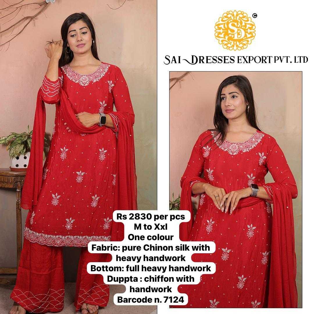  SAI DRESSES PRESENT D.NO 7124 READY TO FESTIVE WEAR STRAIGHT CUT KURTI WITH PANT STYLE DESIGNER 3 PIECE COMBO SUITS IN WHOLESALE RATE  IN SURAT