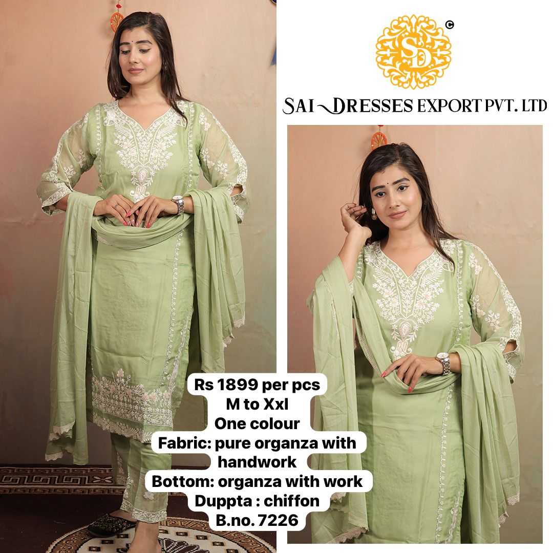 SAI DRESSES PRESENT D.NO 7226 READY TO FESTIVE WEAR STRAIGHT CUT KURTI WITH PANT STYLE DESIGNER 3 PIECE COMBO SUITS IN WHOLESALE RATE  IN SURAT