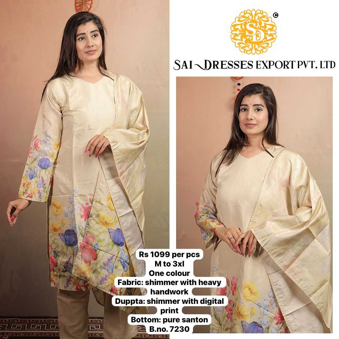 SAI DRESSES PRESENT D.NO 7230-A READY TO FESTIVE WEAR STRAIGHT CUT KURTI WITH PANT STYLE DESIGNER 3 PIECE COMBO SUITS IN WHOLESALE RATE  IN SURAT