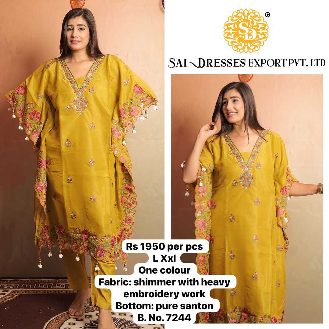 SAI DRESSES PRESENT D.NO 7244-B READY TO FESTIVE WEAR STRAIGHT CUT KURTI WITH PANT STYLE DESIGNER 2 PIECE COMBO SUITS IN WHOLESALE RATE IN SURAT