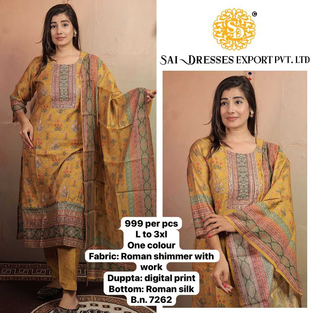 SAI DRESSES PRESENT D.NO 7262-A READY TO FESTIVE WEAR STRAIGHT CUT KURTI WITH PANT STYLE DESIGNER 3 PIECE COMBO SUITS IN WHOLESALE RATE  IN SURAT