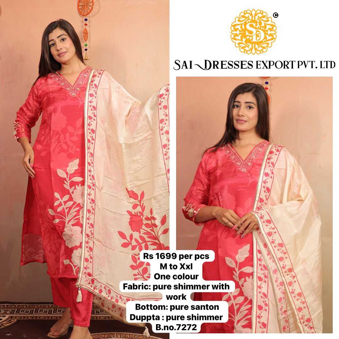 SAI DRESSES PRESENT D.NO 7272 READY TO FESTIVE WEAR STRAIGHT CUT KURTI WITH PANT STYLE DESIGNER 3 PIECE COMBO SUITS IN WHOLESALE RATE  IN SURAT