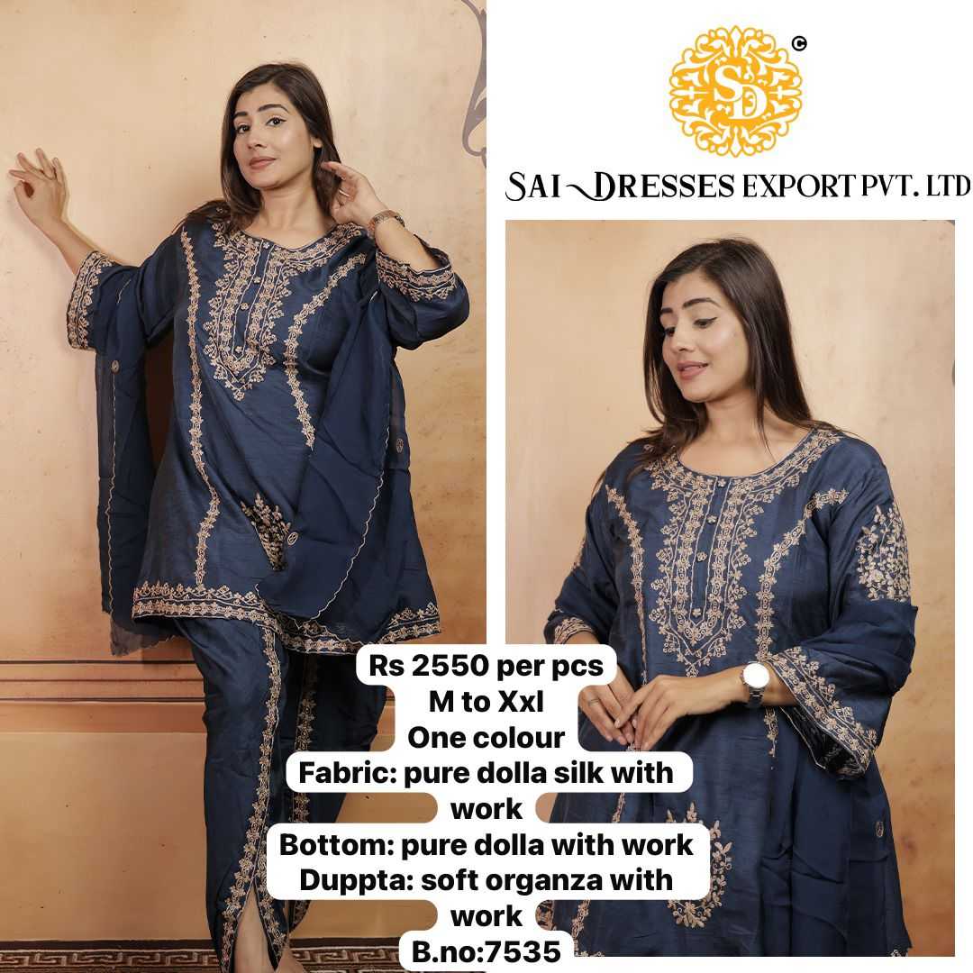 SAI DRESSES PRESENT D.NO 7535-A READY TO FESTIVE WEAR STRAIGHT CUT KURTI WITH PANT STYLE DESIGNER 3 PIECE COMBO SUITS IN WHOLESALE RATE  IN SURAT