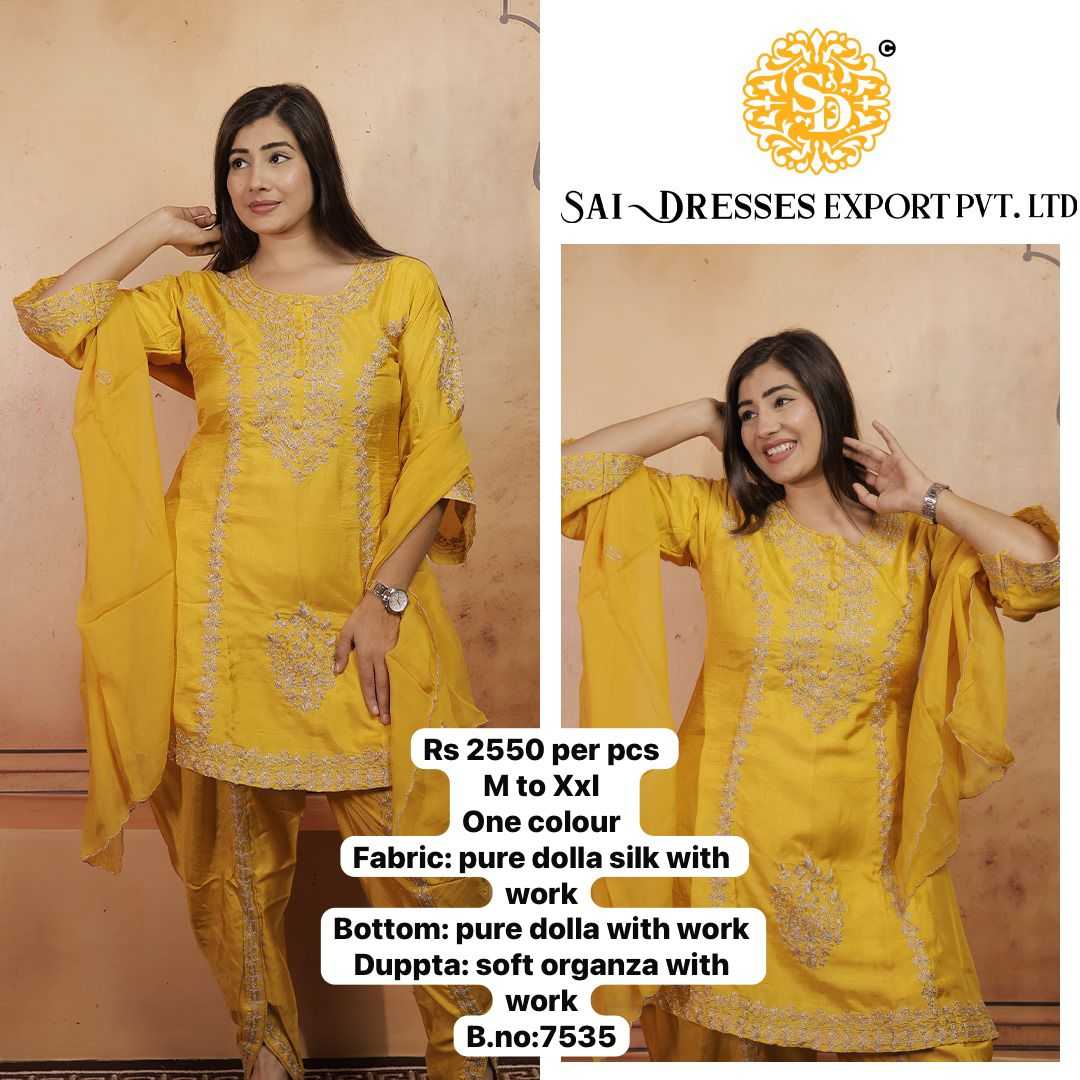 SAI DRESSES PRESENT D.NO 7535 READY TO FESTIVE WEAR STRAIGHT CUT KURTI WITH PANT STYLE DESIGNER 3 PIECE COMBO SUITS IN WHOLESALE RATE  IN SURAT