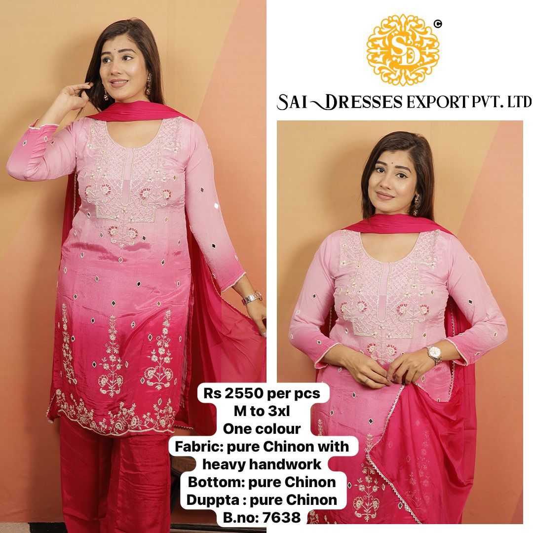 SAI DRESSES PRESENT D.NO 7638-A  READY TO FESTIVE WEAR STRAIGHT CUT KURTI WITH PANT STYLE DESIGNER 3 PIECE COMBO SUITS IN WHOLESALE RATE  IN SURAT