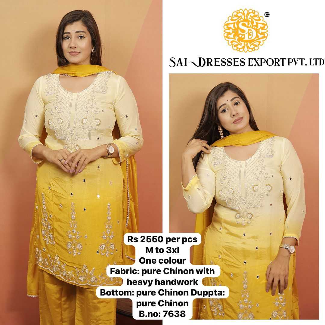 SAI DRESSES PRESENT D.NO 7638  READY TO FESTIVE WEAR STRAIGHT CUT KURTI WITH PANT STYLE DESIGNER 3 PIECE COMBO SUITS IN WHOLESALE RATE  IN SURAT