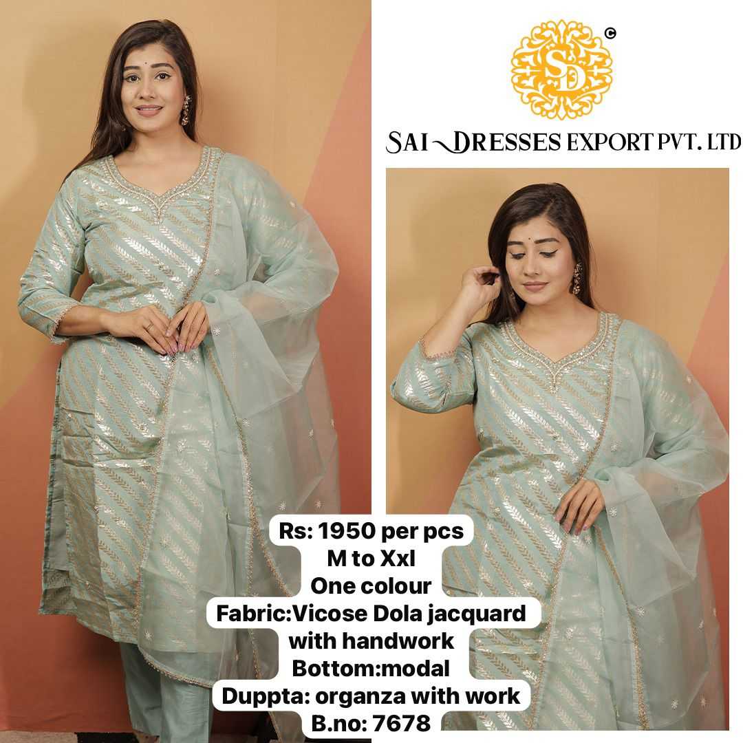 SAI DRESSES PRESENT D.NO 7678-B  READY TO FESTIVE WEAR STRAIGHT CUT KURTI WITH PANT STYLE DESIGNER 3 PIECE COMBO SUITS IN WHOLESALE RATE  IN SURAT