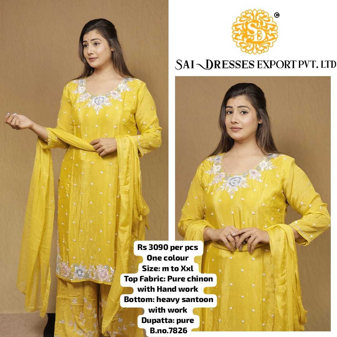 SAI DRESSES PRESENT D.NO 7826  READY TO FESTIVE WEAR STRAIGHT CUT KURTI WITH PANT STYLE DESIGNER 3 PIECE COMBO SUITS IN WHOLESALE RATE  IN SURAT