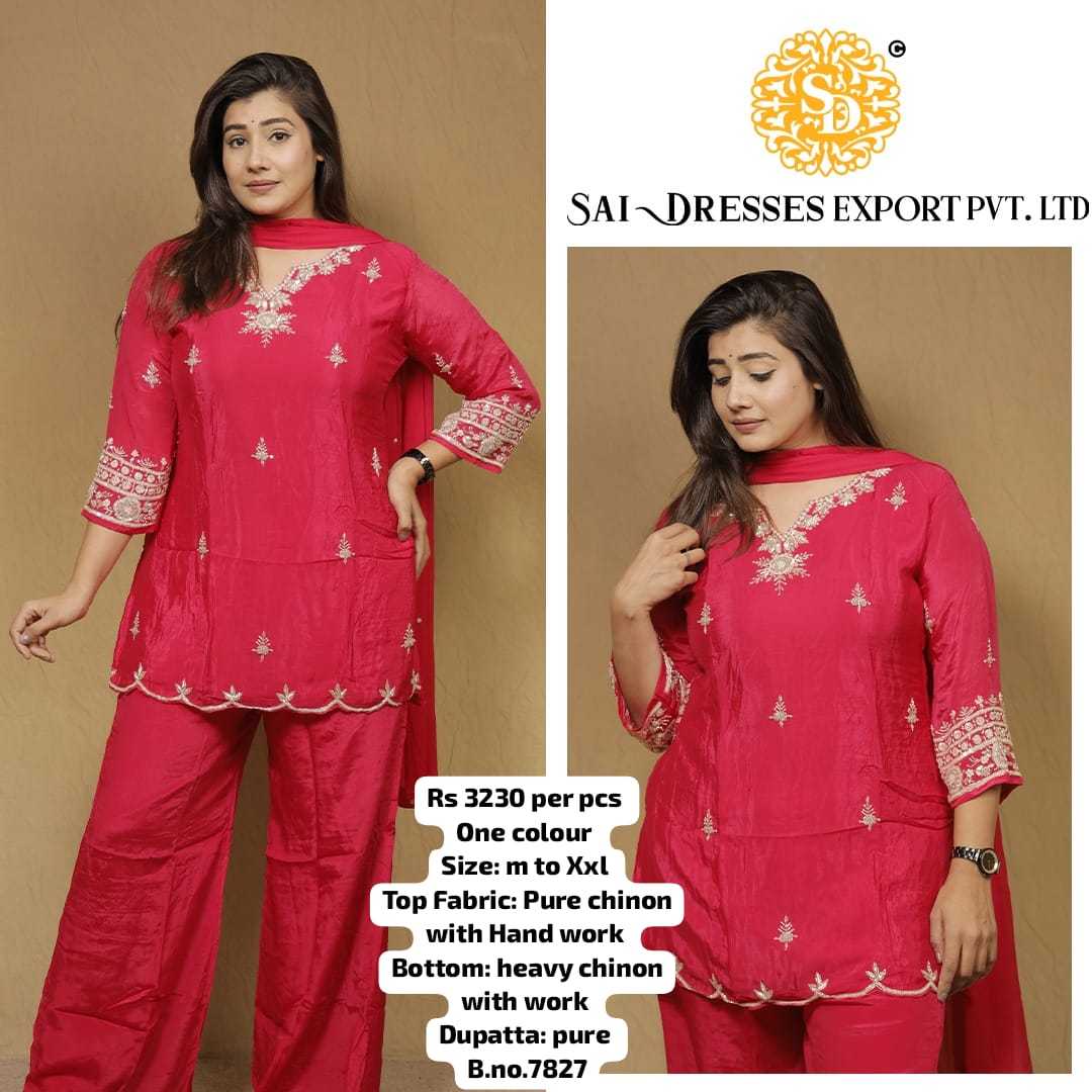 SAI DRESSES PRESENT D.NO 7827-A  READY TO FESTIVE WEAR STRAIGHT CUT KURTI WITH PANT STYLE DESIGNER 3 PIECE COMBO SUITS IN WHOLESALE RATE  IN SURAT