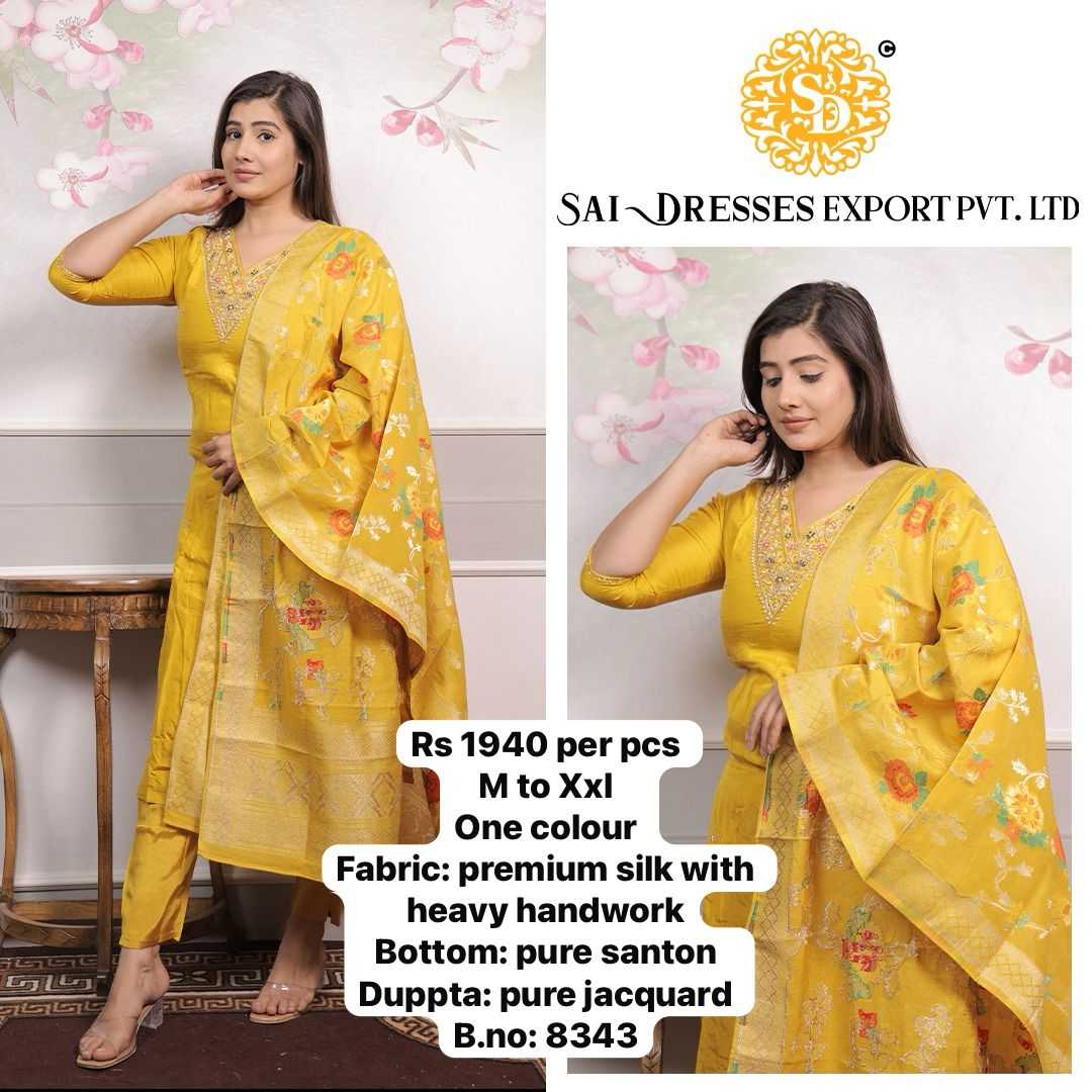 SAI DRESSES PRESENT D.NO 8343-B READY TO FESTIVE WEAR STRAIGHT CUT KURTI WITH PANT STYLE DESIGNER 3 PIECE COMBO SUITS IN WHOLESALE RATE  IN SURAT