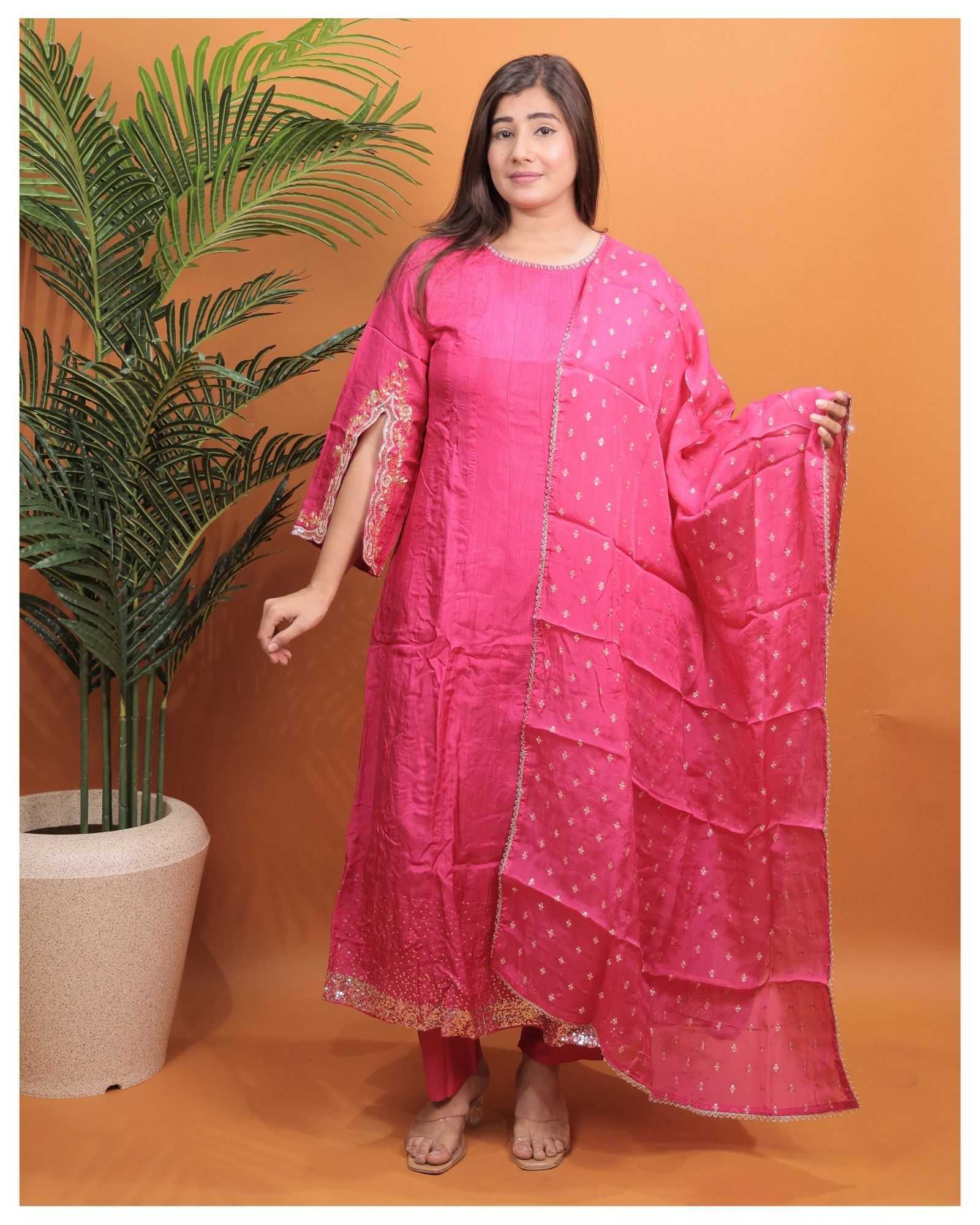 DARK PINK PURE DOLLA SILK WITH HEAVY HANDWORK TO FESTIVE WEAR ANARKALI  STYLE DESIGNER 3 PIECE COMBO SUITS IN WHOLESALE RATE  IN SURAT 