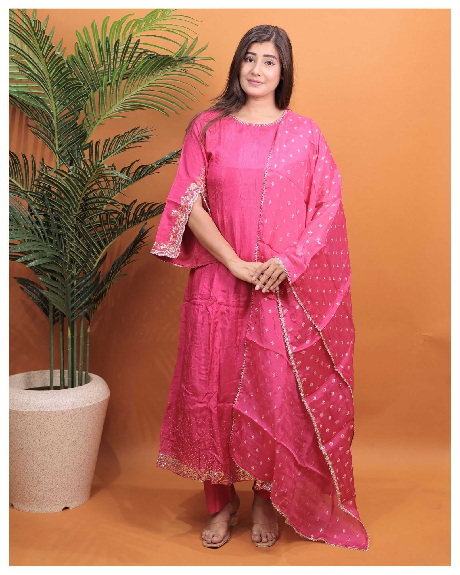 DARK PINK PURE DOLLA SILK WITH HEAVY HANDWORK TO FESTIVE WEAR ANARKALI  STYLE DESIGNER 3 PIECE COMBO SUITS IN WHOLESALE RATE  IN SURAT 