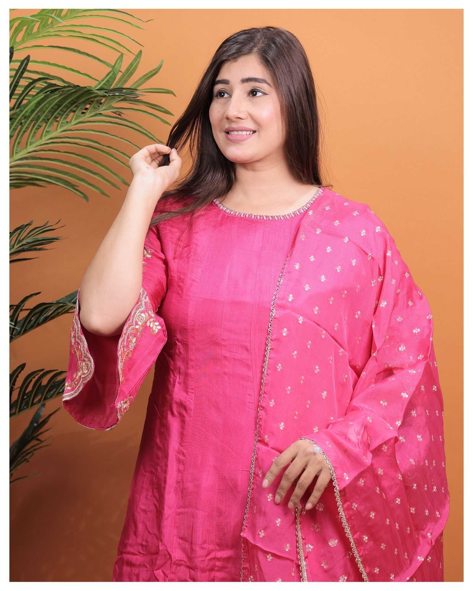 DARK PINK PURE DOLLA SILK WITH HEAVY HANDWORK TO FESTIVE WEAR ANARKALI  STYLE DESIGNER 3 PIECE COMBO SUITS IN WHOLESALE RATE  IN SURAT 