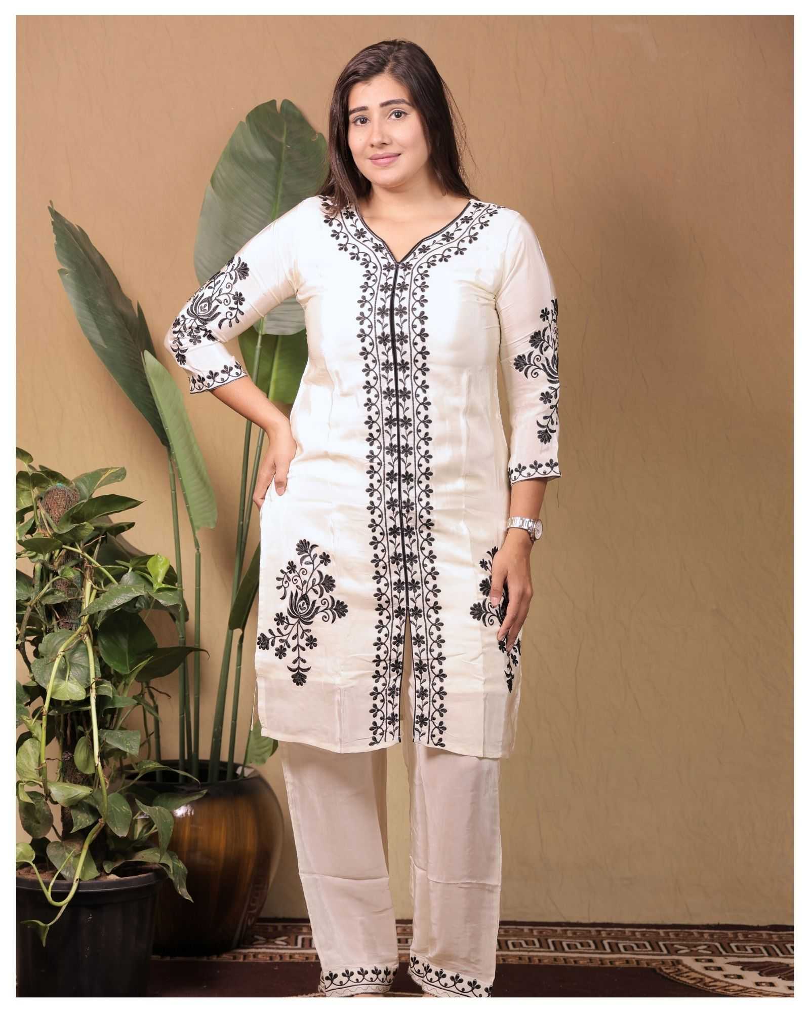 WHITE PURE NATURAL CREPE WITH HEAVY EMBROIDERY WORK TO FESTIVE WEAR STRAIGHT CUT CORD SET  STYLE DESIGNER 2 PIECE COMBO SUITS IN WHOLESALE RATE  IN SURAT 