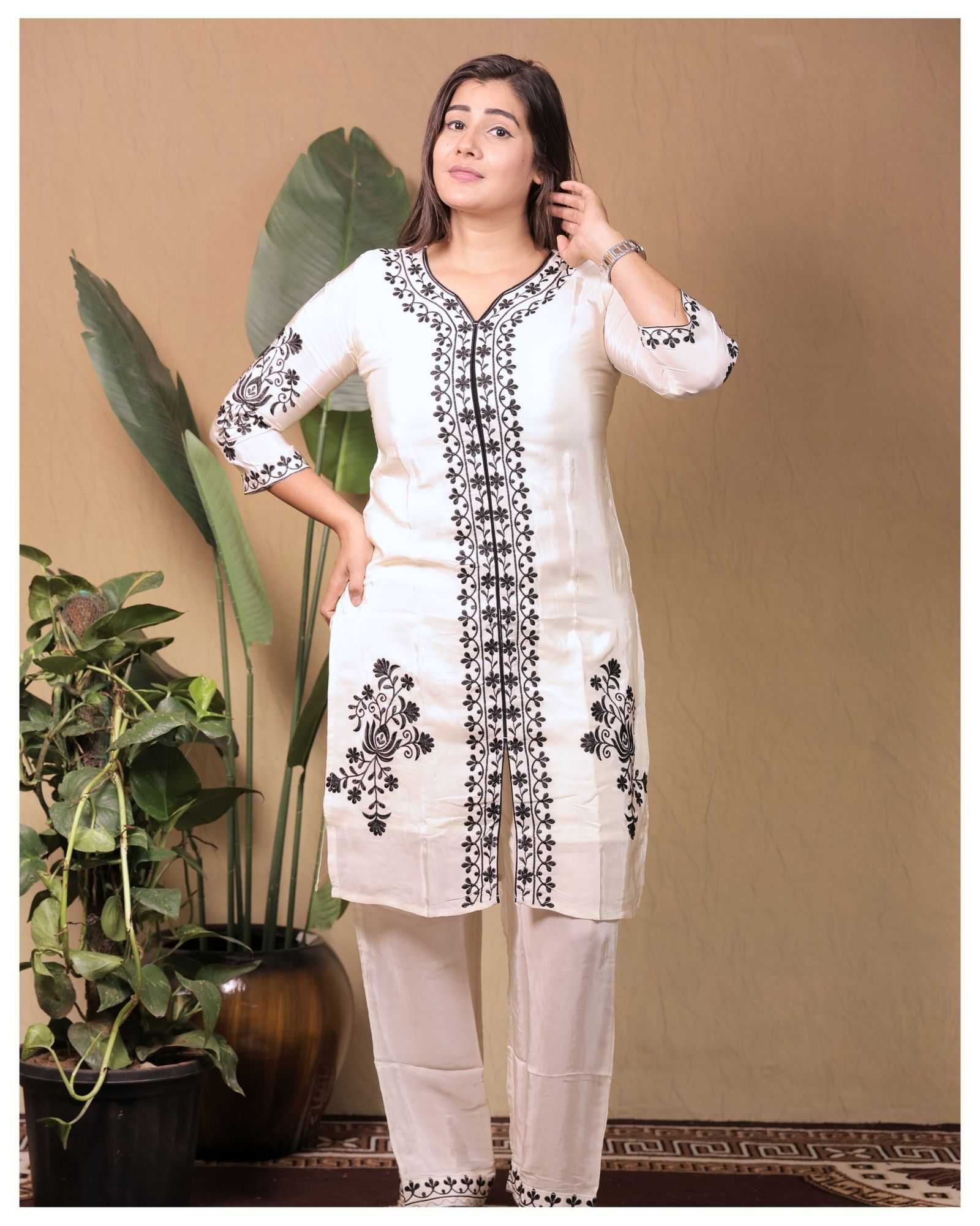 WHITE PURE NATURAL CREPE WITH HEAVY EMBROIDERY WORK TO FESTIVE WEAR STRAIGHT CUT CORD SET  STYLE DESIGNER 2 PIECE COMBO SUITS IN WHOLESALE RATE  IN SURAT 