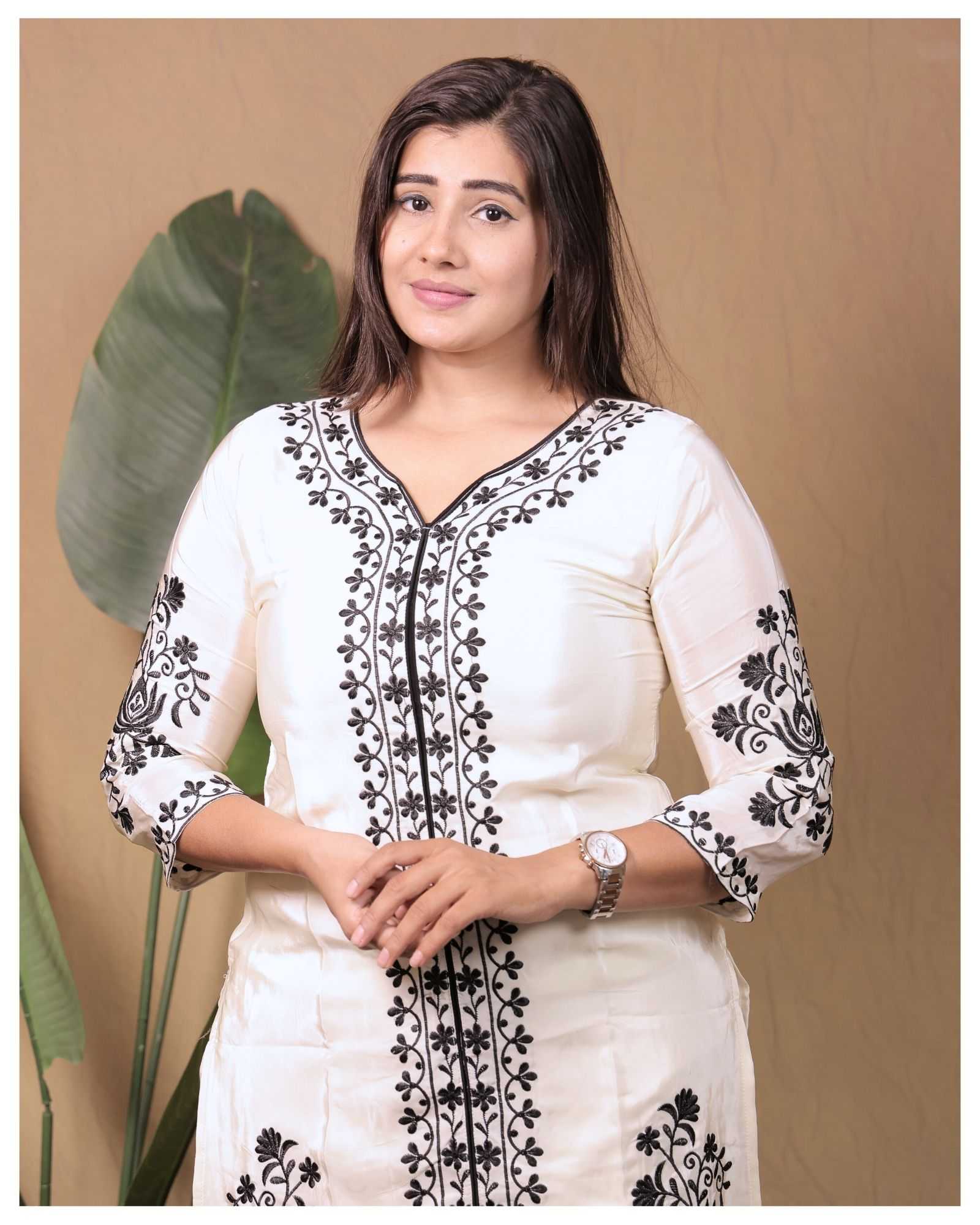 WHITE PURE NATURAL CREPE WITH HEAVY EMBROIDERY WORK TO FESTIVE WEAR STRAIGHT CUT CORD SET  STYLE DESIGNER 2 PIECE COMBO SUITS IN WHOLESALE RATE  IN SURAT 