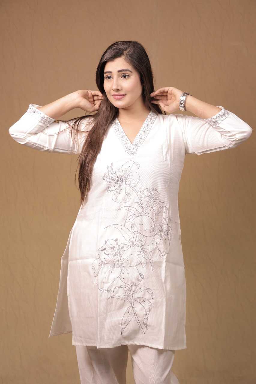 WHITE VACATION WITH EMBROIDERY WORK TO FESTIVE WEAR  STRAIGHT CUT CORD SET  STYLE DESIGNER 2 PIECE COMBO SUITS IN WHOLESALE RATE  IN SURAT 
