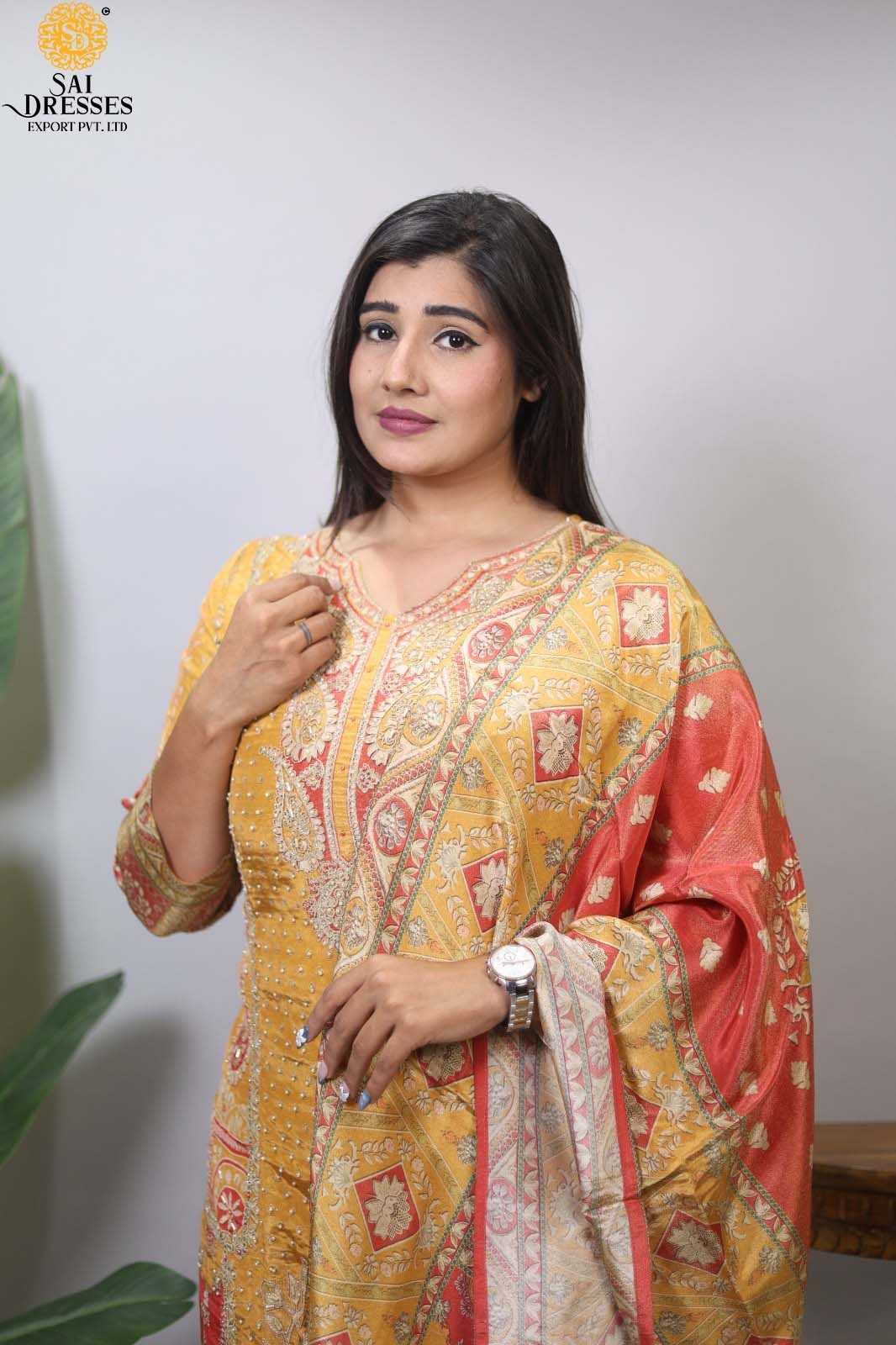 PURE SHIMMER WITH HEAVY HANDWORK 4 PIECE COMBO SUITS IN WHOLESALE RATE IN SURAT 