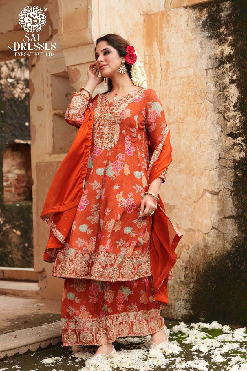 SAI DRESSES PRESENT PURE CHINON WITH HEAVY WORK FOR FESTIVAL WEAR 0.6  WHOLSALE PRICE IN SURAT