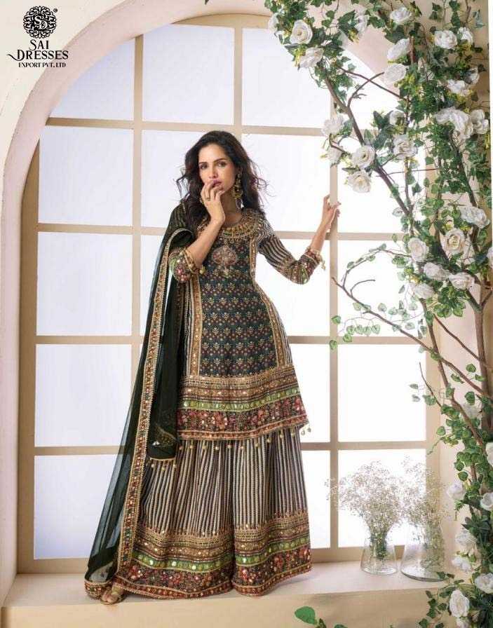 A REGAL COLLECTION OF DESIGNER SHARARA SUITS FEATURING INTRICATE EMBROIDERY AND RICH TRADITIONAL PRINTS.