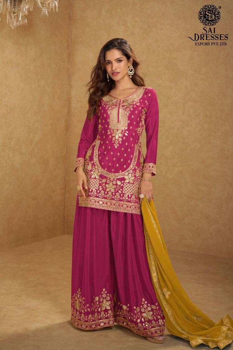 DESIGNER PLAZZO SUIT WITH INTRICATE GOLDEN EMBROIDERY AND CONTRAST MUSTARD DUPATTA – ELEGANT FESTIVE AND WEDDING COLLECTION