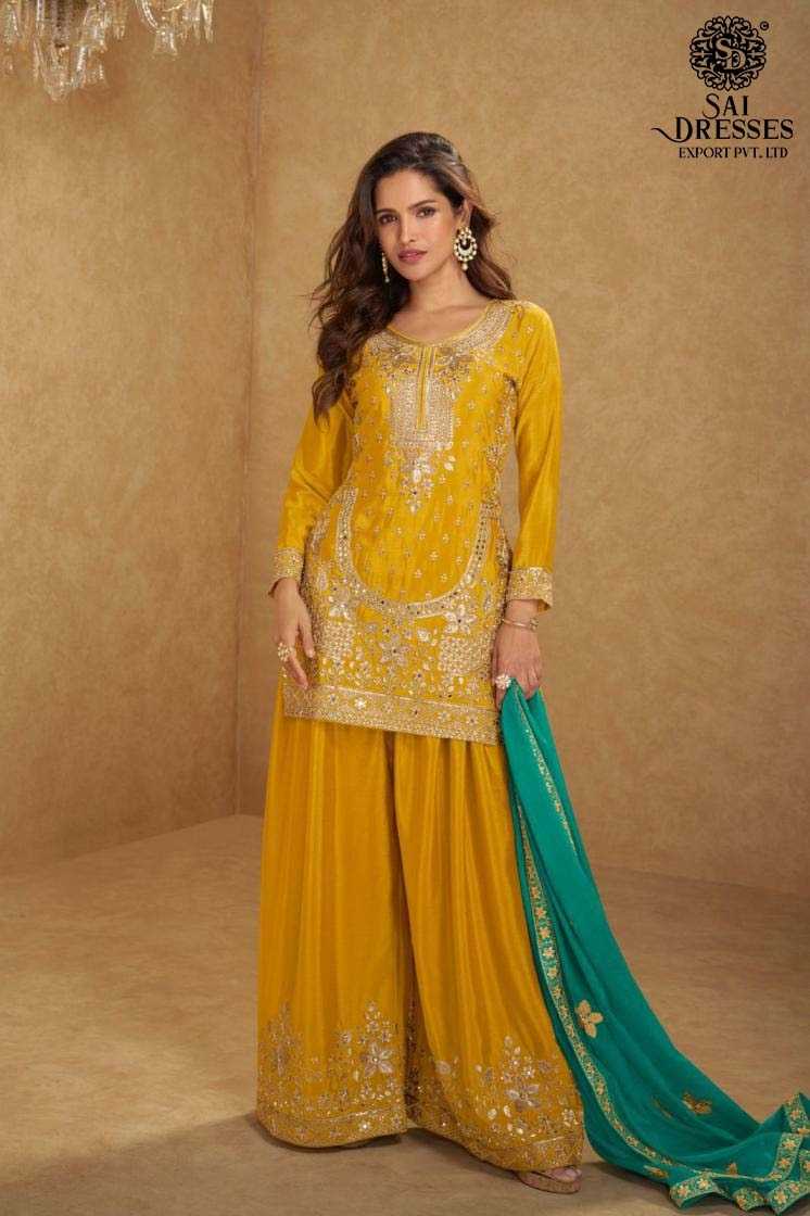 DESIGNER PLAZZO SUIT WITH INTRICATE GOLDEN EMBROIDERY AND CONTRAST MUSTARD DUPATTA – ELEGANT FESTIVE AND WEDDING COLLECTION