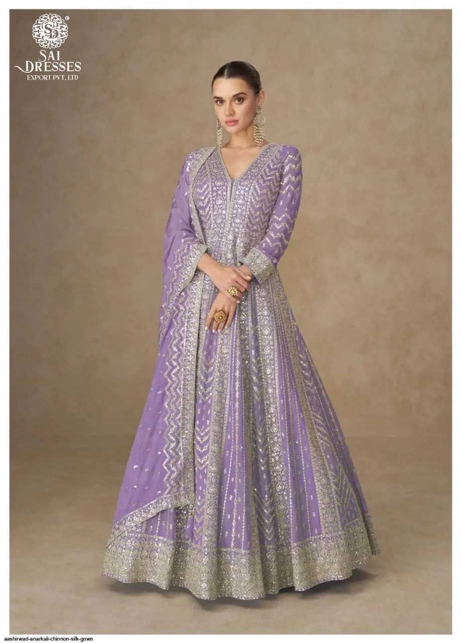 MAJESTIC PLUM EMBROIDERED ANARKALI GOWN WITH INTRICATE ZARI AND SEQUIN DETAILING BY SAI DRESSES
