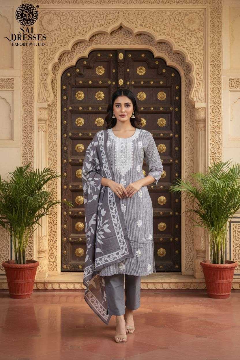 CHIC GREY PRINTED SUIT WITH ELEGANT WHITE EMBROIDERY AND MATCHING DUPATTA – A STATEMENT OF MINIMAL CLASS AND STYLE.