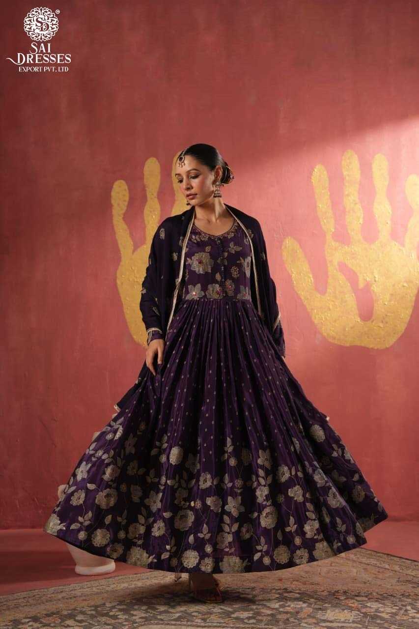 ROYAL PURPLE ANARKALI SUIT WITH GOLDEN ZARI FLORAL WEAVING AND ELEGANT DUPATTA – A PERFECT BLEND OF TRADITION AND LUXURY.
