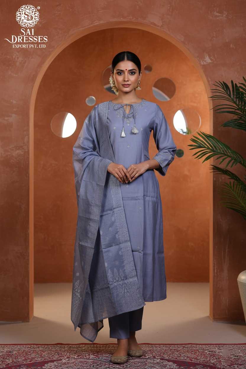 ASH BLUE ROMAN SILK STRAIGHT CUT SUIT SET WITH RICH HEAVY HANDWORK EMBROIDERY, ELEGANT NECK DETAILING, MATCHING PANTS AND DESIGNER DUPATTA