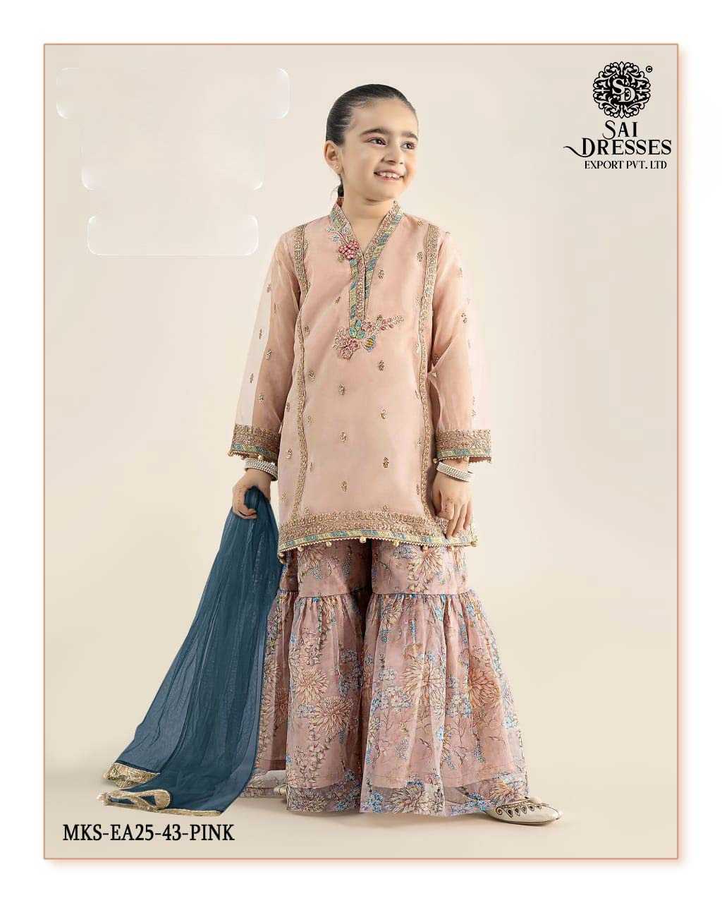 BABY PINK PREMIUM EMBROIDERED KIDS SHARARA SUIT WITH DESIGNER KURTI, FLORAL PRINT SHARARA & CONTRAST DUPATTA