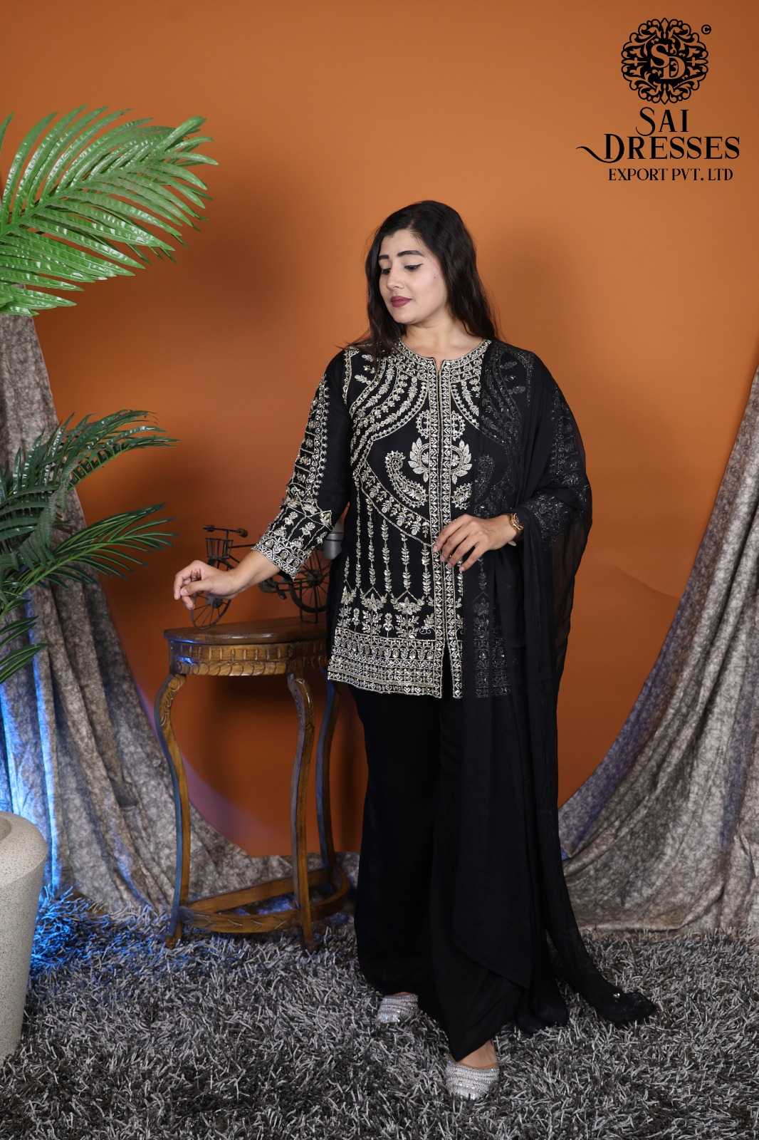 BLACK DESIGNER PURE CHINON SALWAR SUIT WITH RICH SEQUENCE EMBROIDERY & HANDWORK