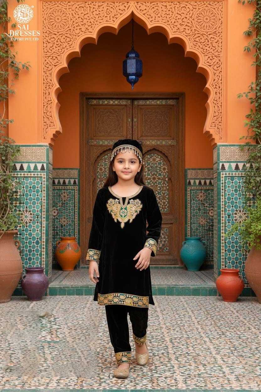 BLACK PREMIUM VELVET GIRLS ETHNIC SET WITH RICH EMBROIDERY