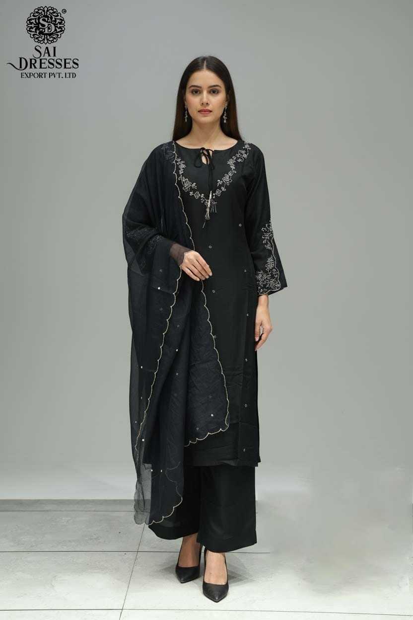 BLACK PURE DOLA SILK STRAIGHT CUT SUIT SET WITH DELICATE HAND WORK EMBROIDERY, ELEGANT NECK DETAILING, MATCHING PANTS AND SOFT DESIGNER DUPATTA
