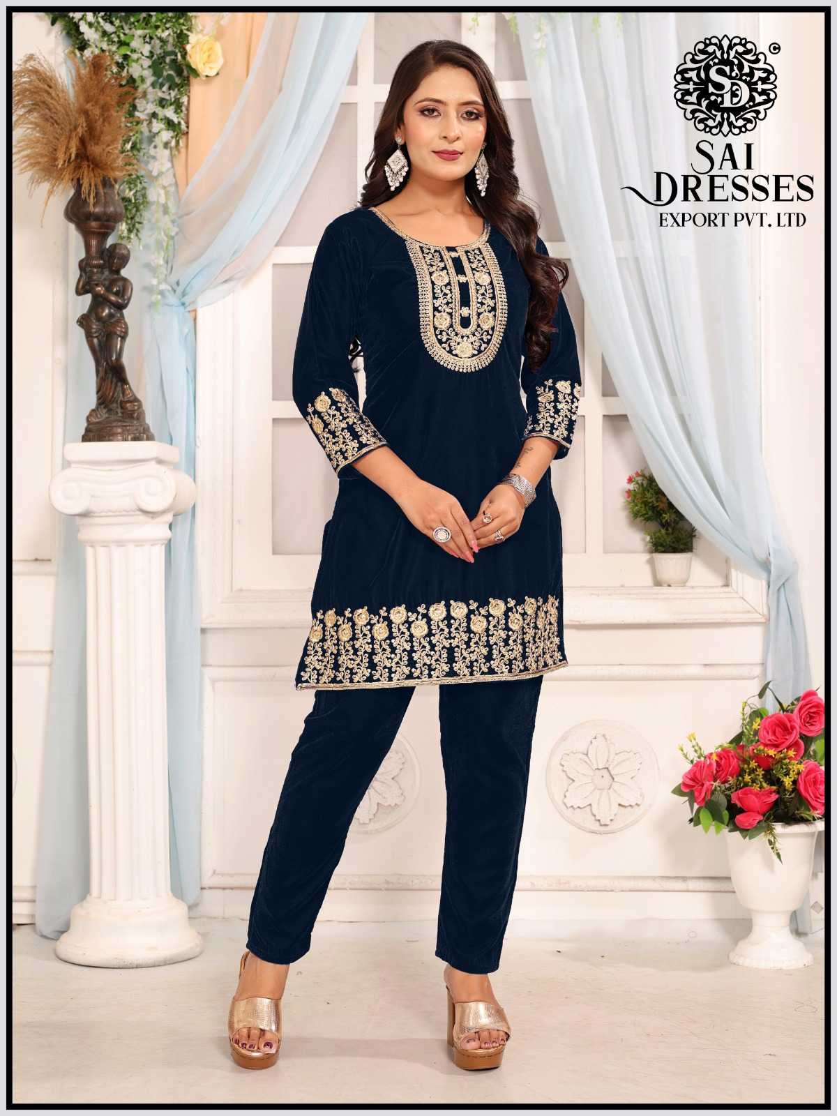 BLUE CLASSIC VELVET SUIT SET WITH TRADITIONAL PANEL NECK EMBROIDERY, NEAT SLEEVE HANDWORK AND ELEGANT FLORAL BORDER – SAFE ALL-TIME SELLING LADIES WEAR COLLECTION FOR DAILY TO FESTIVE USE