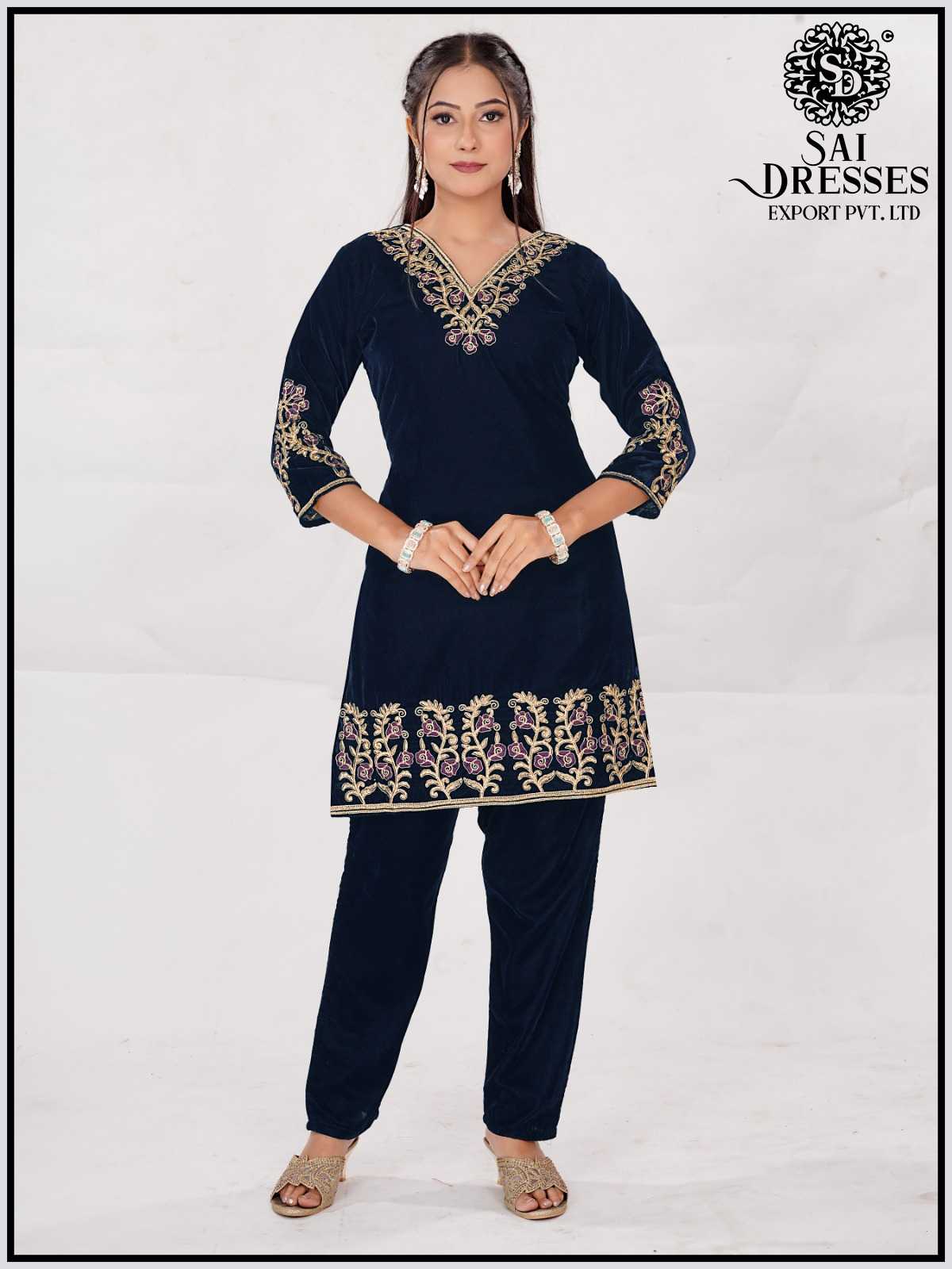 BLUE SOFT LIGHTWEIGHT VELVET SUIT SET WITH ELEGANT V-NECK EMBROIDERY, MINIMAL SLEEVE HANDWORK AND NEAT FLORAL BORDER – FAST SELLING DAILY TO SEMI-FESTIVE LADIES WEAR COLLECTION