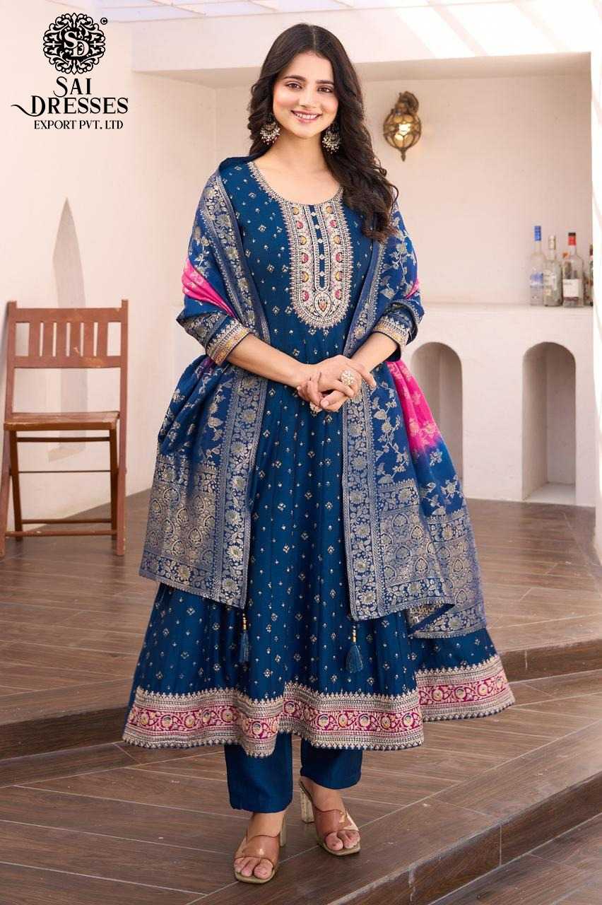 BLUE TRADITIONAL ANARKALI SUIT SET WITH INTRICATE VICHITRA SILK  AND CONTRAST PINK PRINTED DUPATTA FOR FESTIVE AND WEDDING WEAR