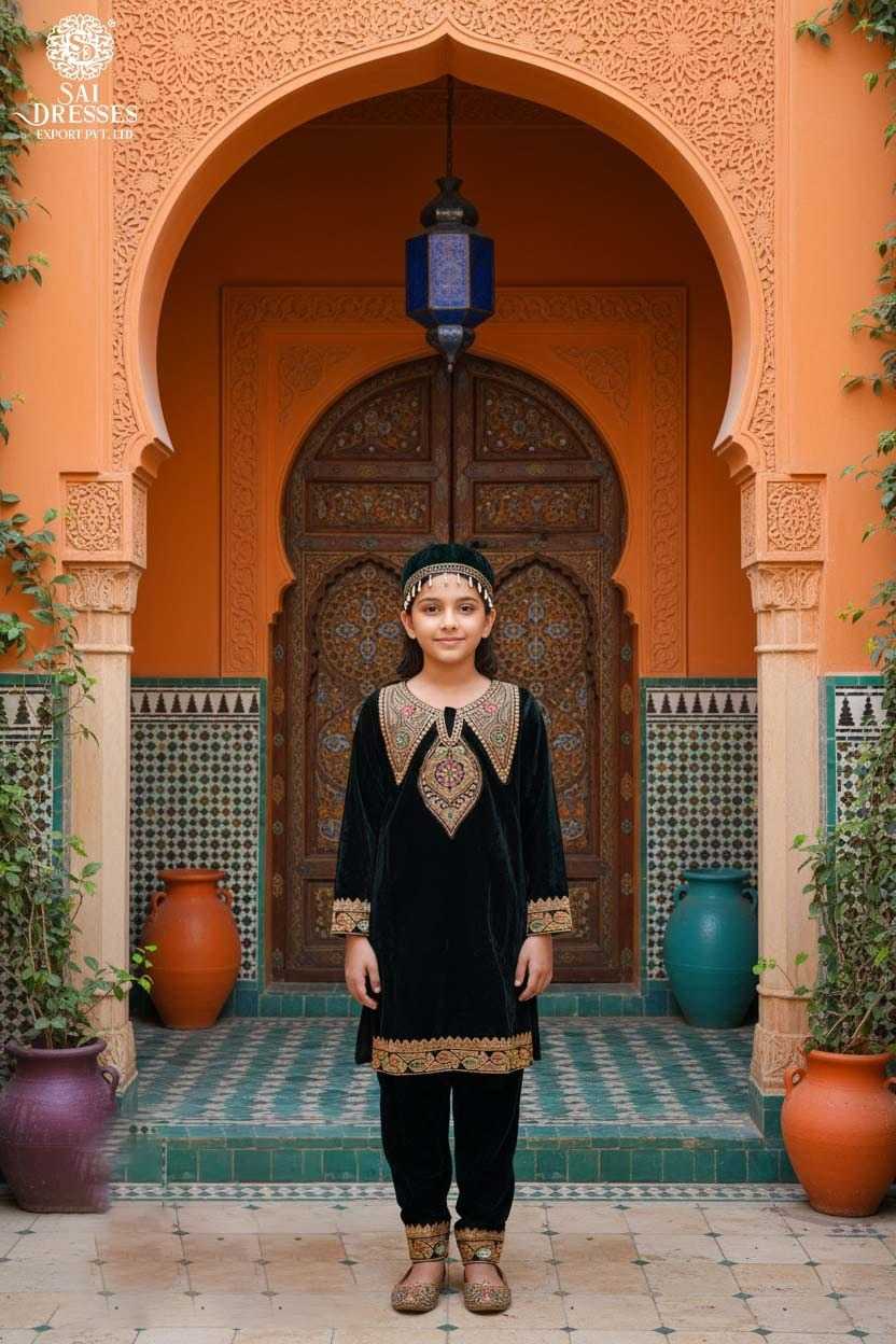 BOTTLE GREEN PREMIUM VELVET GIRLS ETHNIC WEAR WITH EMBROIDERY