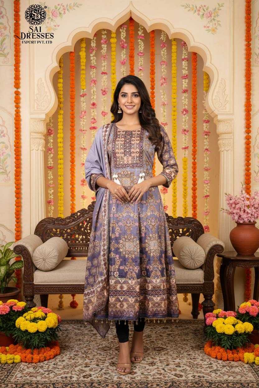 CHINON LAVENDER GREY SUIT WITH INTRICATE HAND WORK, RICH TRADITIONAL MOTIFS AND SOFT FLOWY CHINON FINISH