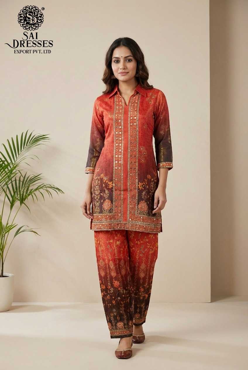 CHINON RUST ORANGE SUIT WITH RICH TRADITIONAL WORK, CLASSIC MOTIFS AND STYLISH STRAIGHT FIT DESIGN