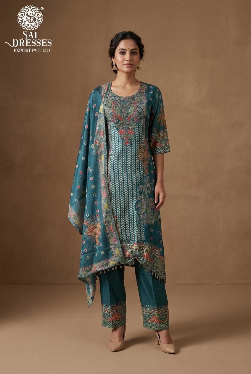 CHINON TEAL GREEN STRAIGHT KURTI WITH ELEGANT HANDWORK AND RICH DIGITAL PRINT, MATCHING PANTS AND STYLISH DUPATTA FOR WOMEN