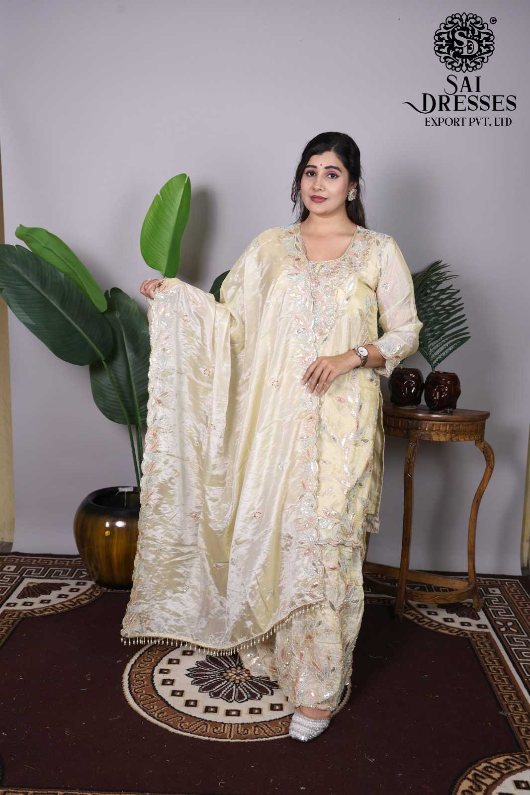 CREAM IVORY LUXURY PURE SHIMMER SUIT WITH INTRICATE EMBROIDERY & HANDCRAFTED WORK