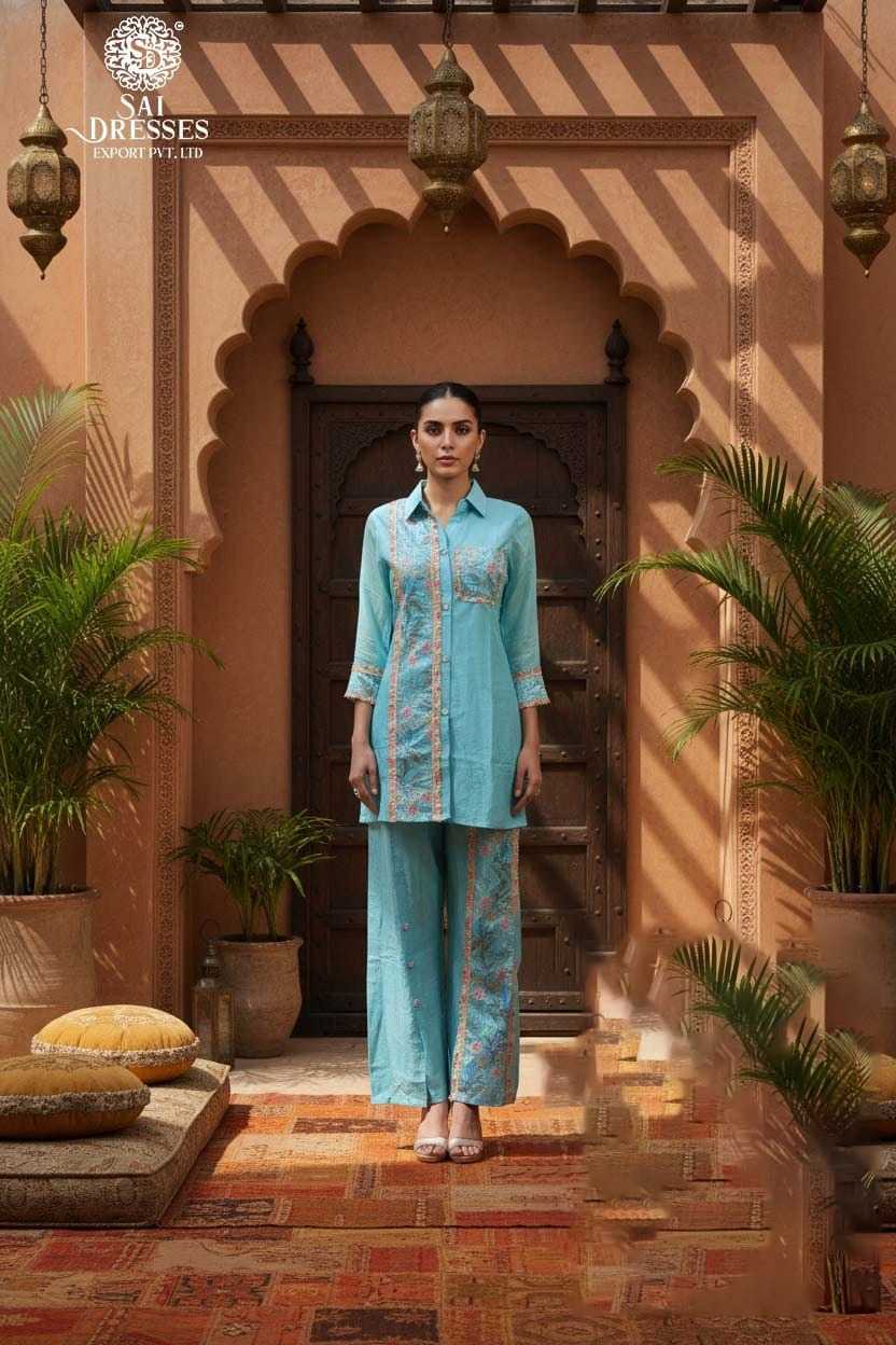 DESIGNER AQUA BLUE KURTI WITH COORDINATED PANTS – MODERN ETHNIC FASHION