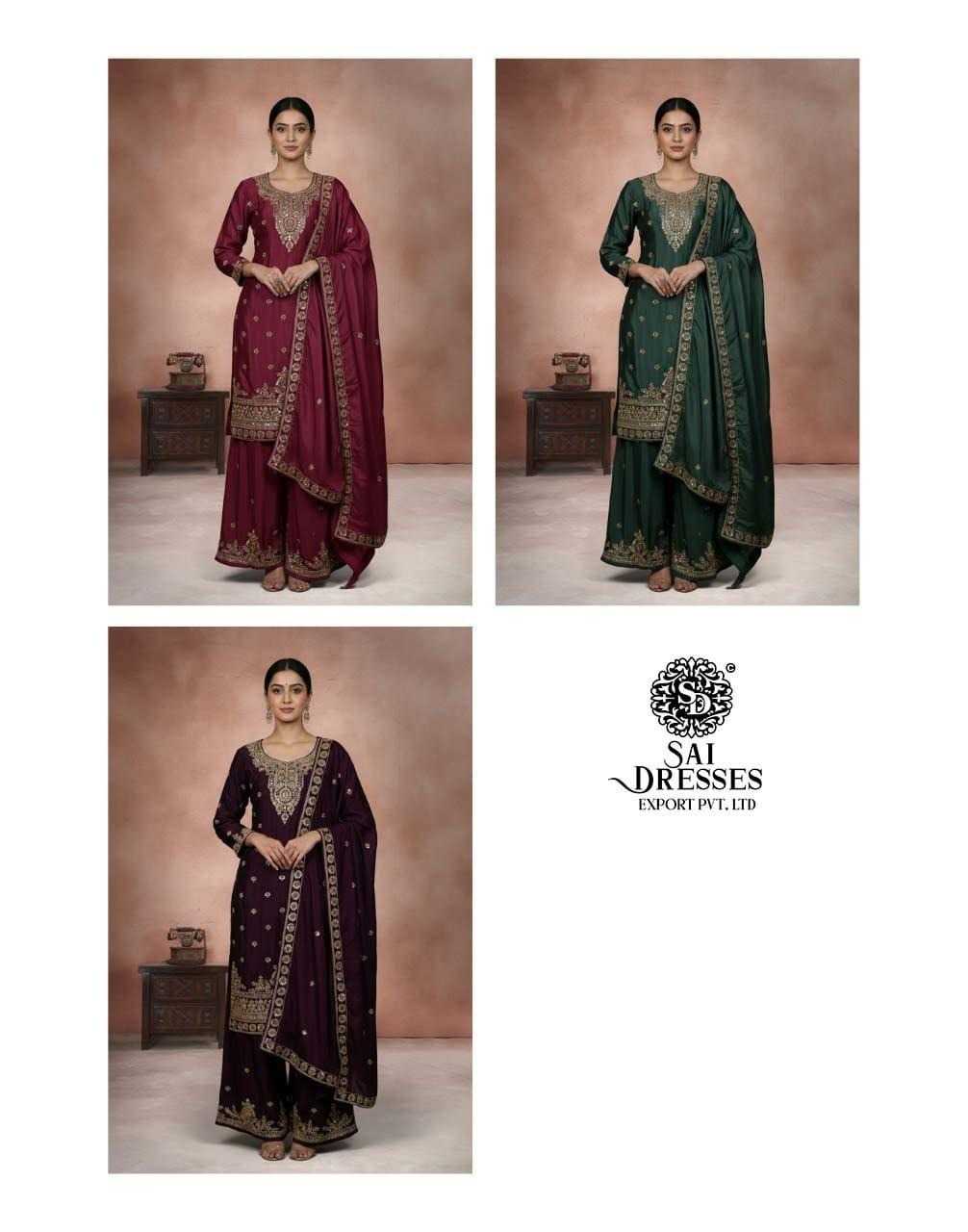 DESIGNER PURE CHINON SILK HEAVY HANDWORK KURTI PALAZZO SET AVAILABLE IN WINE, BOTTLE GREEN AND DEEP PURPLE COLOURS