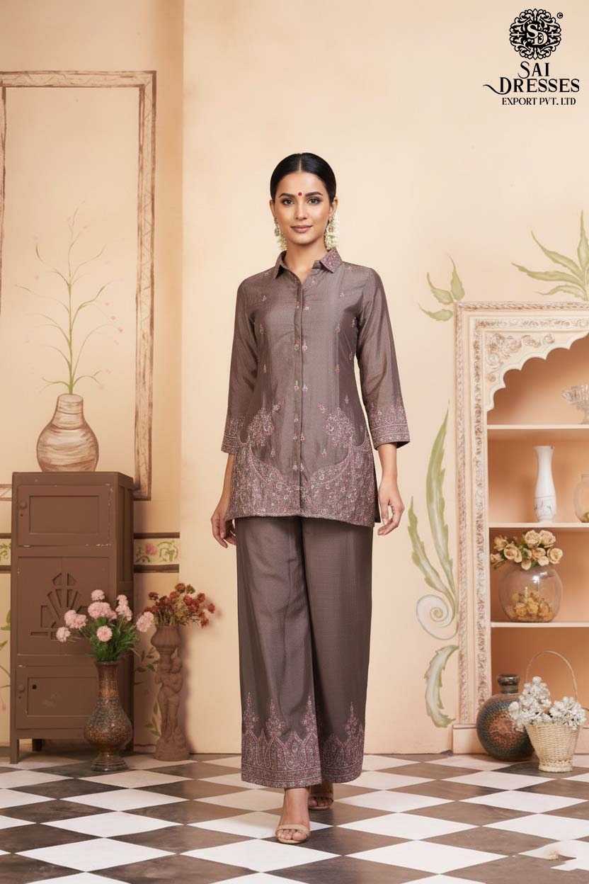 DUSTY MOCHA PURE CHINON STRAIGHT KURTI AND PANT CO-ORD SET WITH RICH HEAVY EMBROIDERY, INTRICATE FLORAL DETAILING AND ELEGANT FINISH