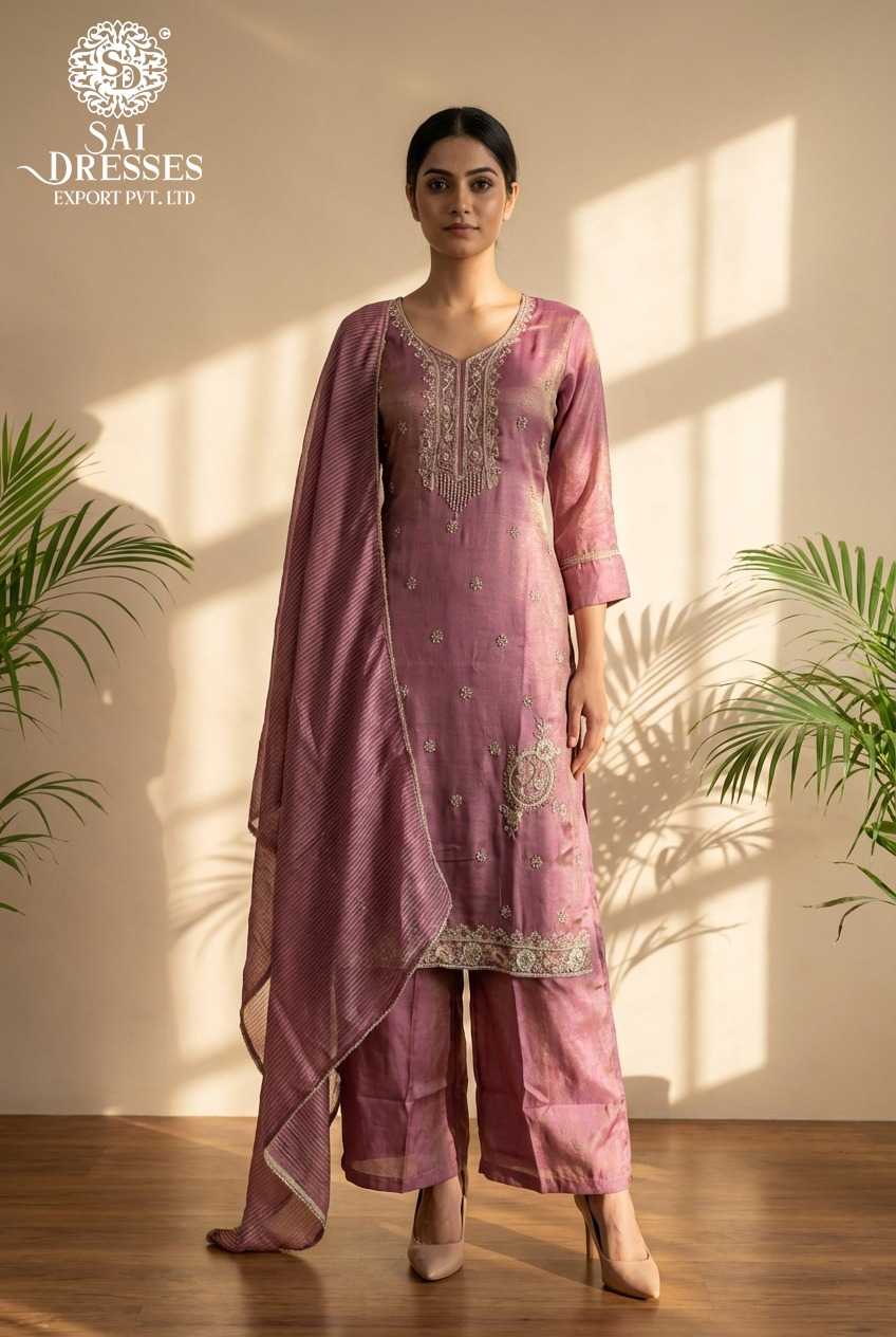 DUSTY PINK VISCOSE SHIMMER KURTA SET WITH HEAVY HANDWORK EMBROIDERY, MATCHING PALAZZO PANTS AND JACQUARD SHIMMER DUPATTA FOR FESTIVE AND PARTY WEAR