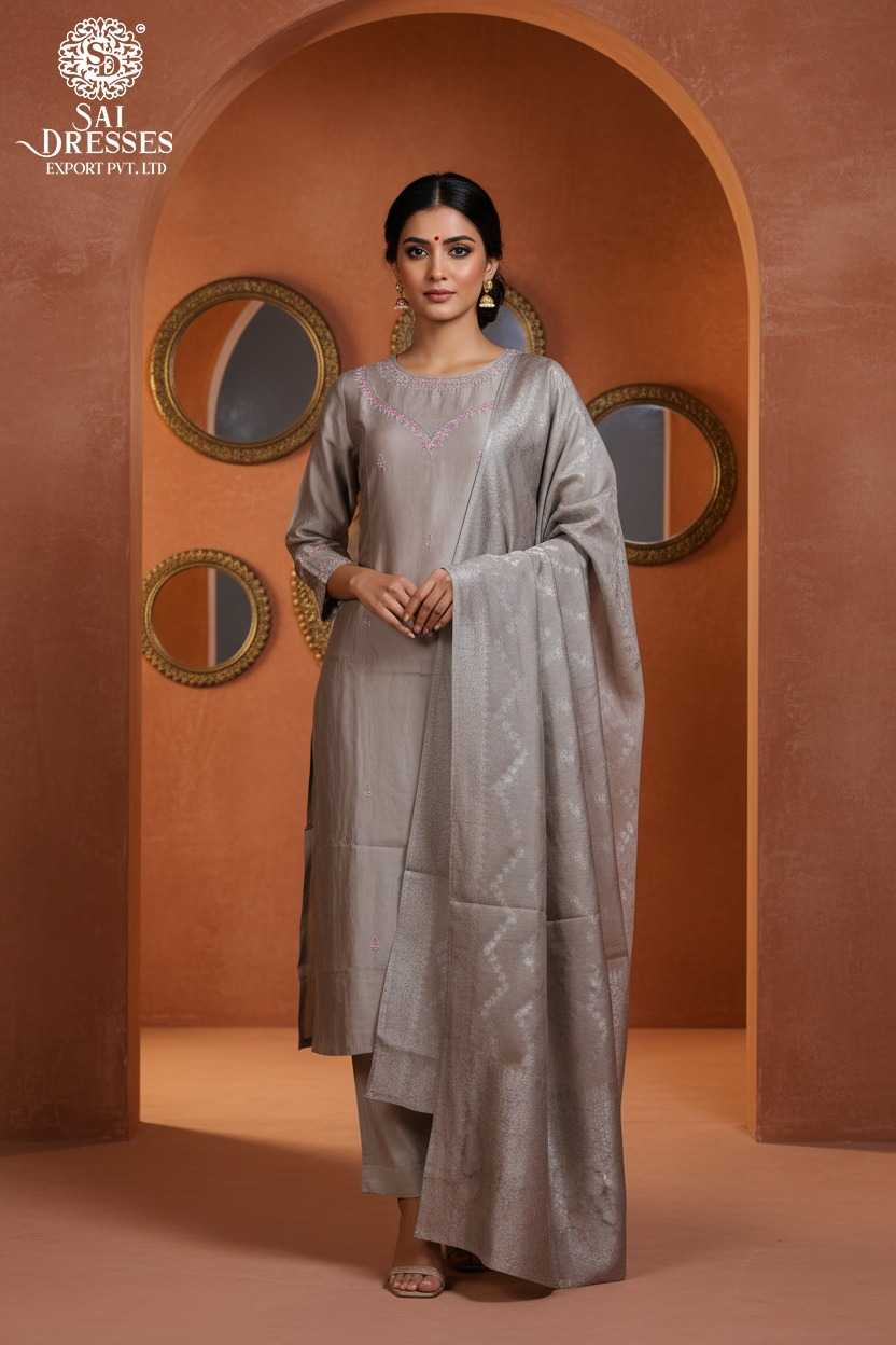 DUSTY PLATINUM ROMAN SILK STRAIGHT CUT SUIT SET WITH RICH HEAVY HANDWORK EMBROIDERY, ELEGANT NECK DETAILING, MATCHING PANTS AND DESIGNER DUPATTA
