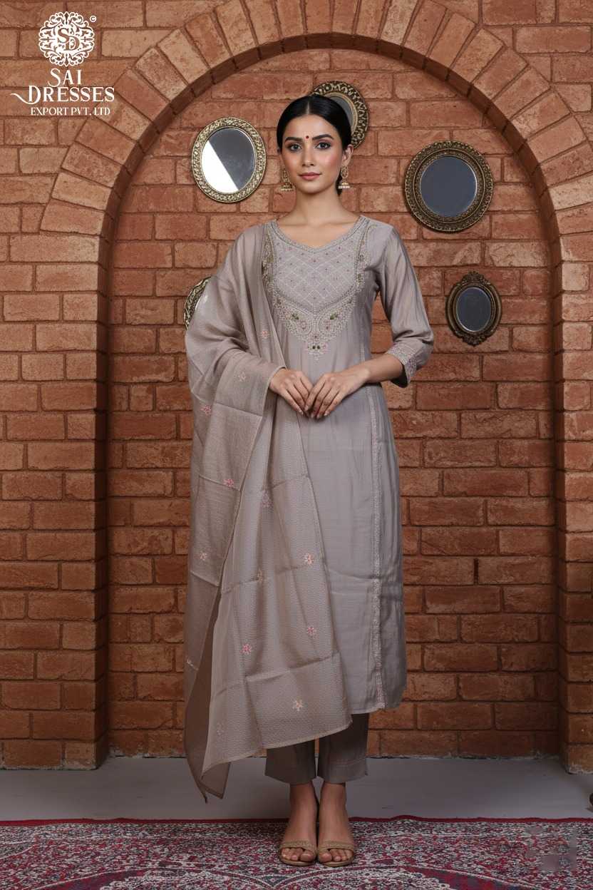 DUSTY TAUPE PURE CHANDERI STRAIGHT CUT SUIT SET WITH RICH HEAVY HANDWORK, ELEGANT NECK DETAILING, MATCHING PANTS AND DESIGNER DUPATTA