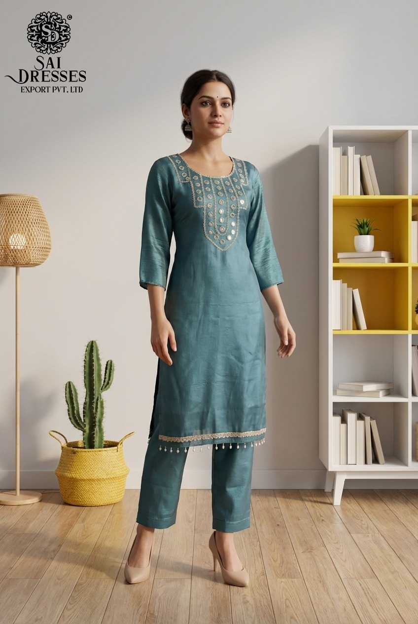 DUSTY TEAL GOLD CRUSH FABRIC SUIT SET WITH ELEGANT MIRROR WORK AND FINE EMBELLISHMENTS